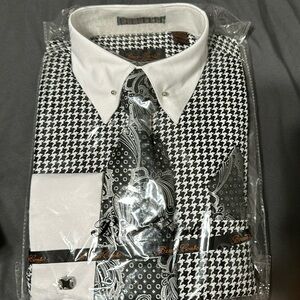 MEN'S VINTAGE STYLE MULTI-COLORED HOUNDSTOOTH DRESS SHIRT & TIE PACKAGE IN BLACK